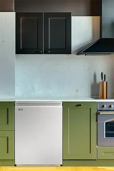 grant oil boiler installed under kitchen countertop